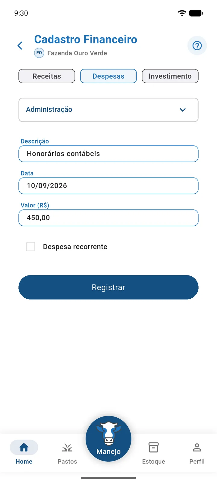 Cadastro Financeiro aberto em modo de edição de uma despesa, com os campos preenchidos