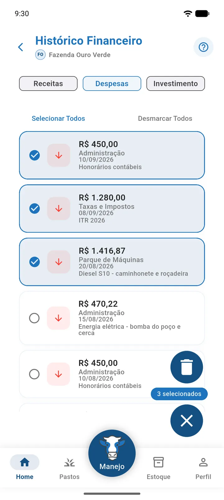 Histórico Financeiro em modo de seleção, com três lançamentos marcados, os botões Selecionar Todos e Desmarcar Todos e o contador 3 selecionado(s)