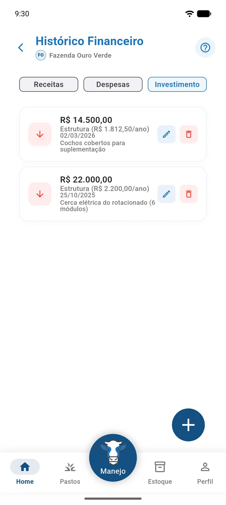 Cartão de investimento no Histórico Financeiro mostrando Estrutura (R$ 5.000,00/ano)