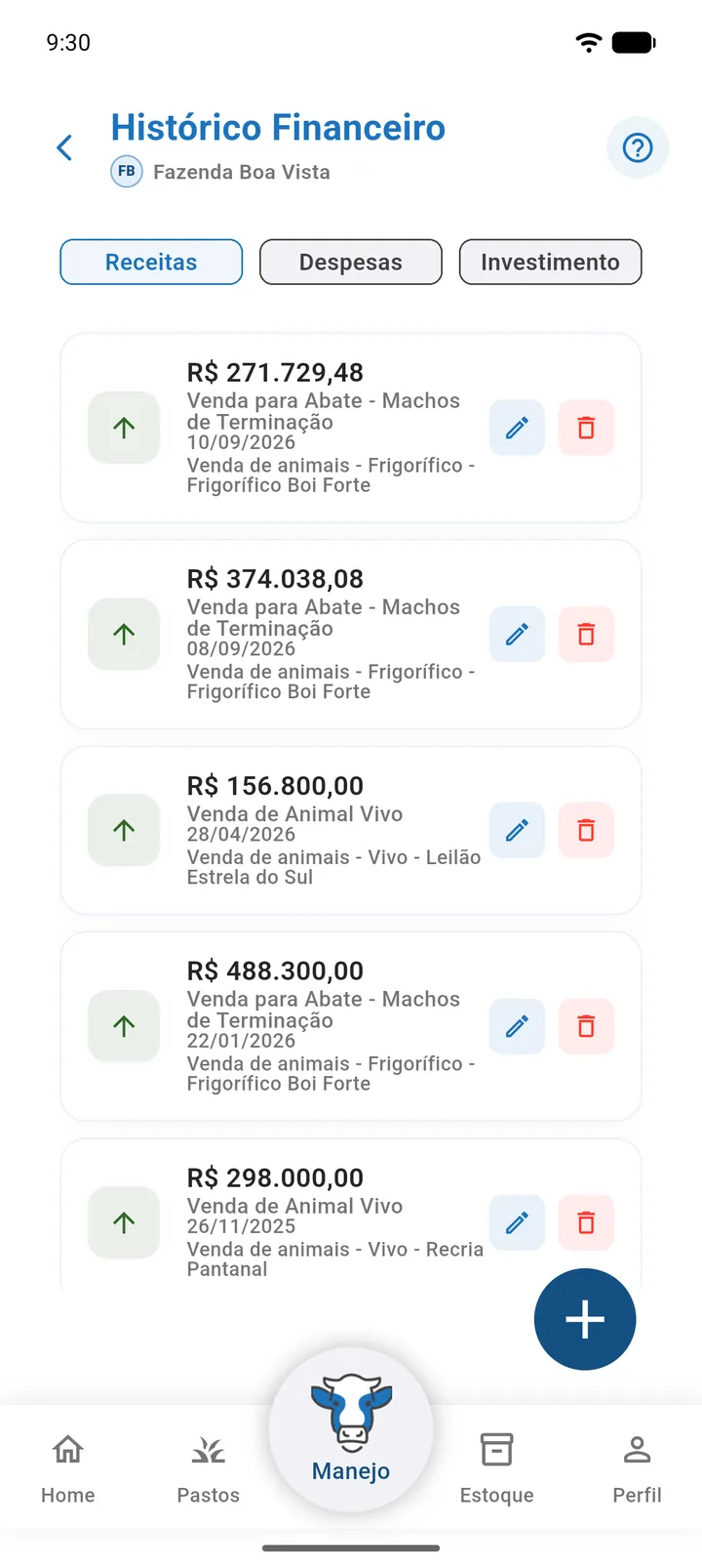 Histórico Financeiro, aba Receitas, com o lançamento automático Venda de animais - Frigorífico seguido do nome do comprador
