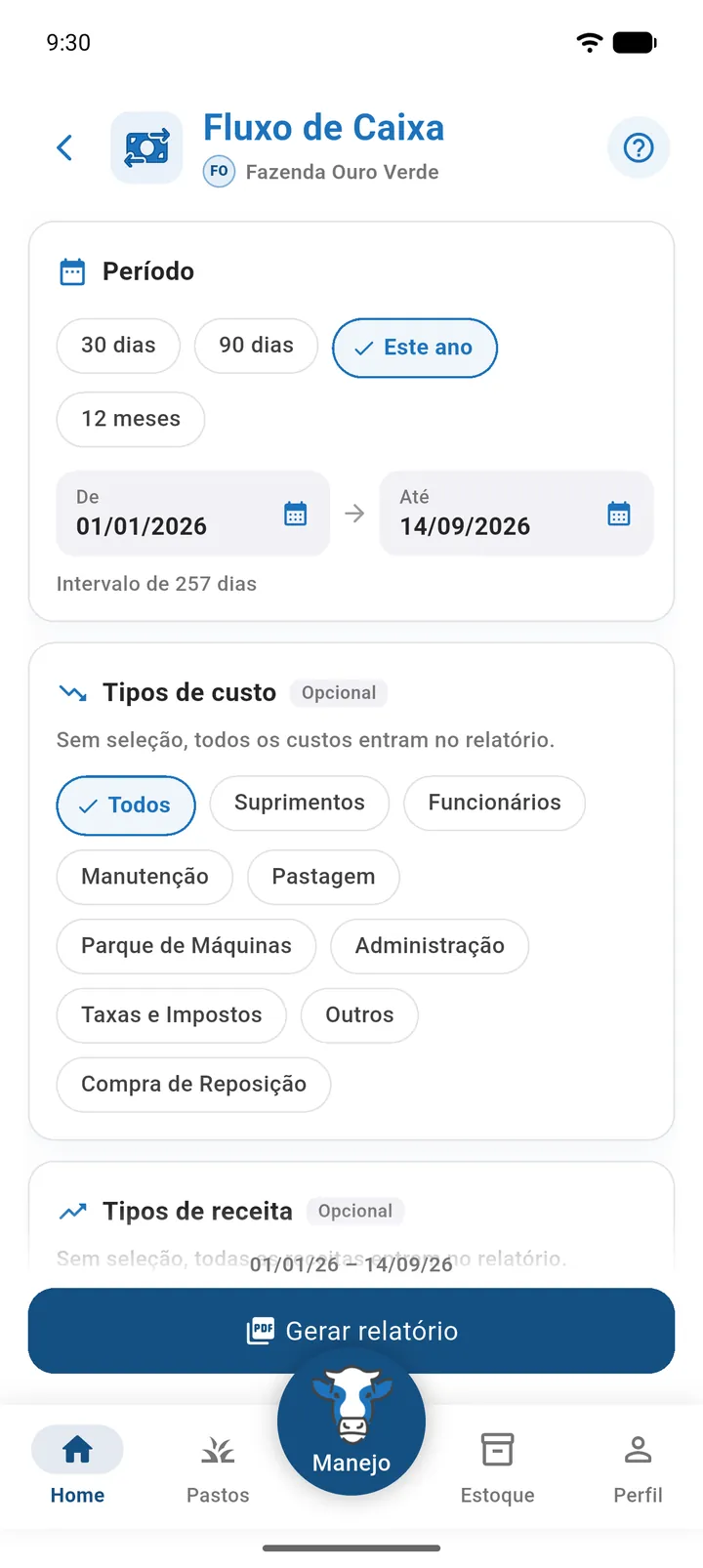 Tela de filtros do relatório Fluxo de Caixa com o período selecionado