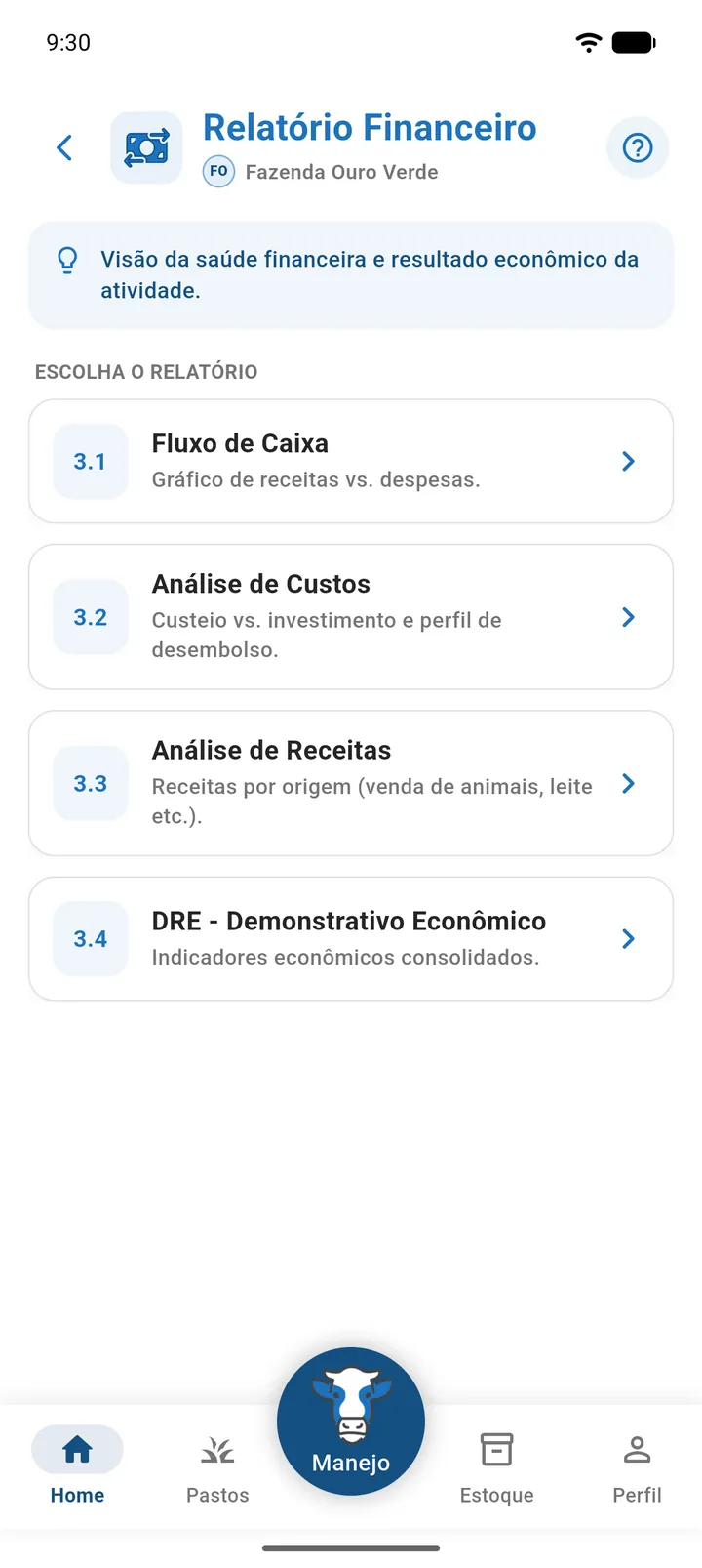Tela Relatório Financeiro com as opções Fluxo de Caixa, Análise de Custos, Análise de Receitas e DRE - Demonstrativo Econômico