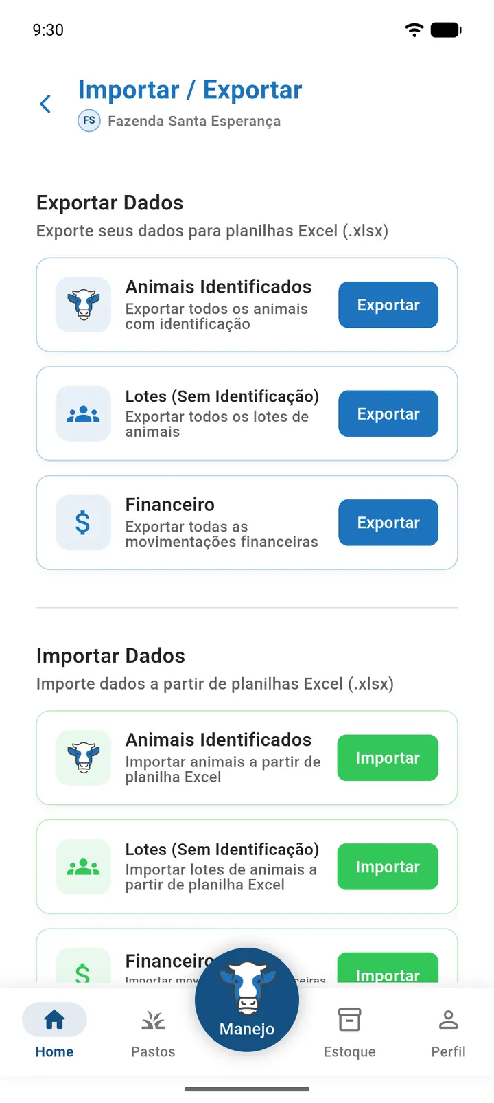 Seção Exportar Dados com os cartões Animais Identificados, Lotes (Sem Identificação) e Financeiro, cada um com o botão Exportar