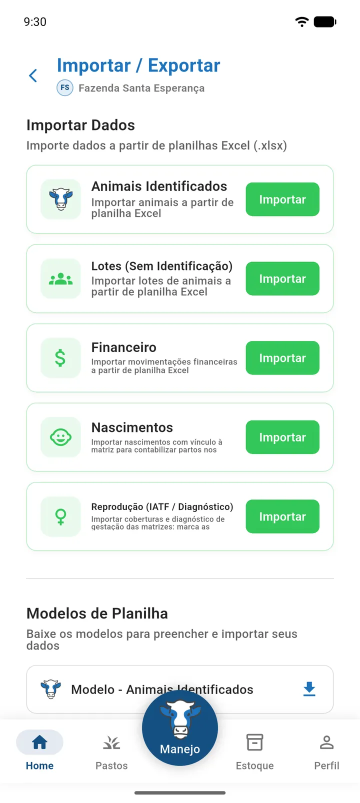 Cartão Financeiro da seção Importar Dados com o botão Importar