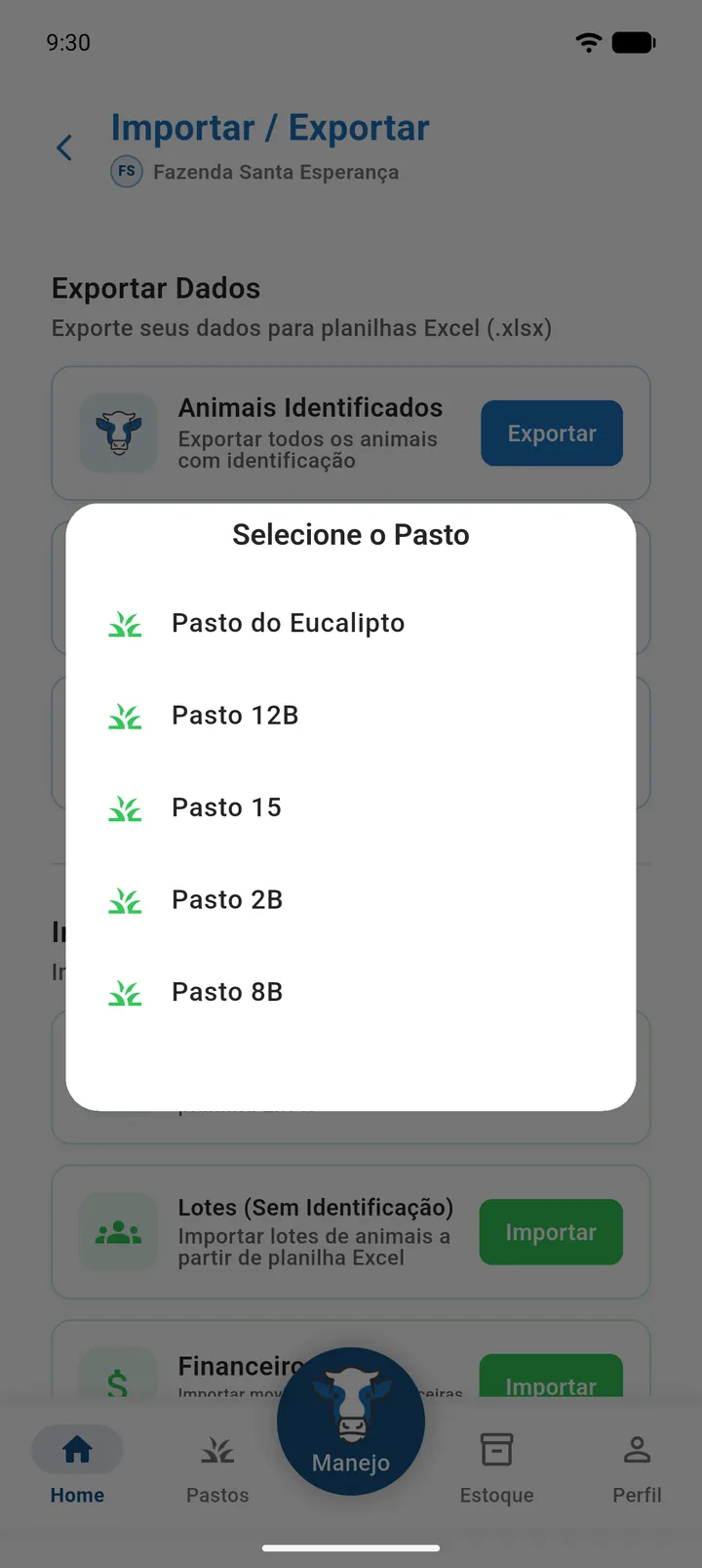 Janela Selecione o Pasto aberta depois de tocar em Importar no cartão Animais Identificados