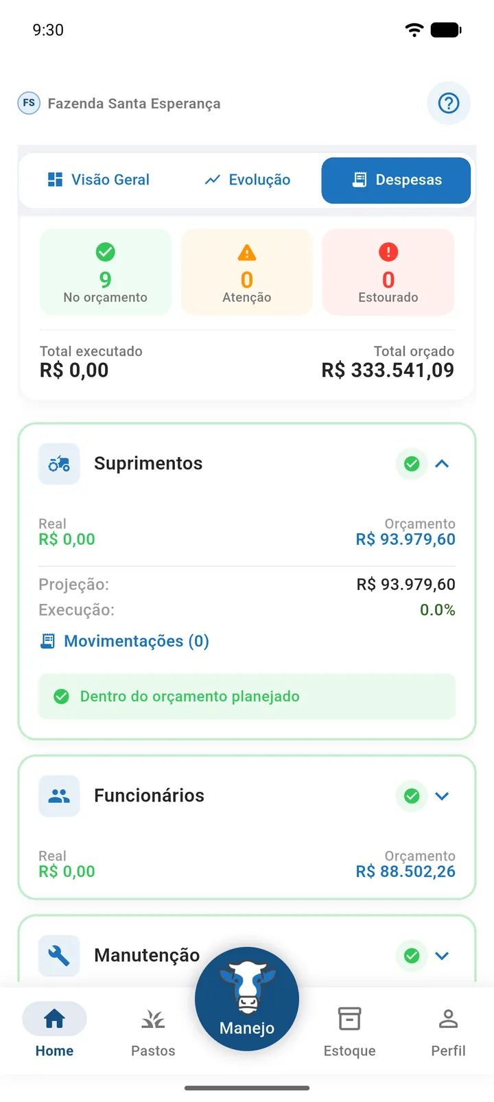 Cartão da categoria Suprimentos expandido mostrando a lista Movimentações com data, descrição e valor