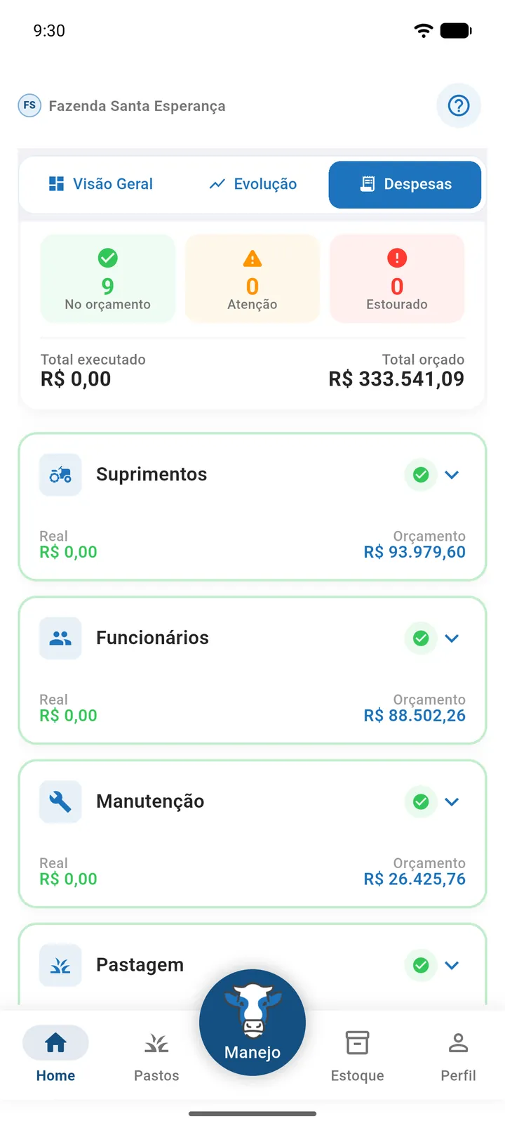 Aba Despesas com o Resumo das despesas e cartões por categoria mostrando Real, Orçamento, Projeção e Execução