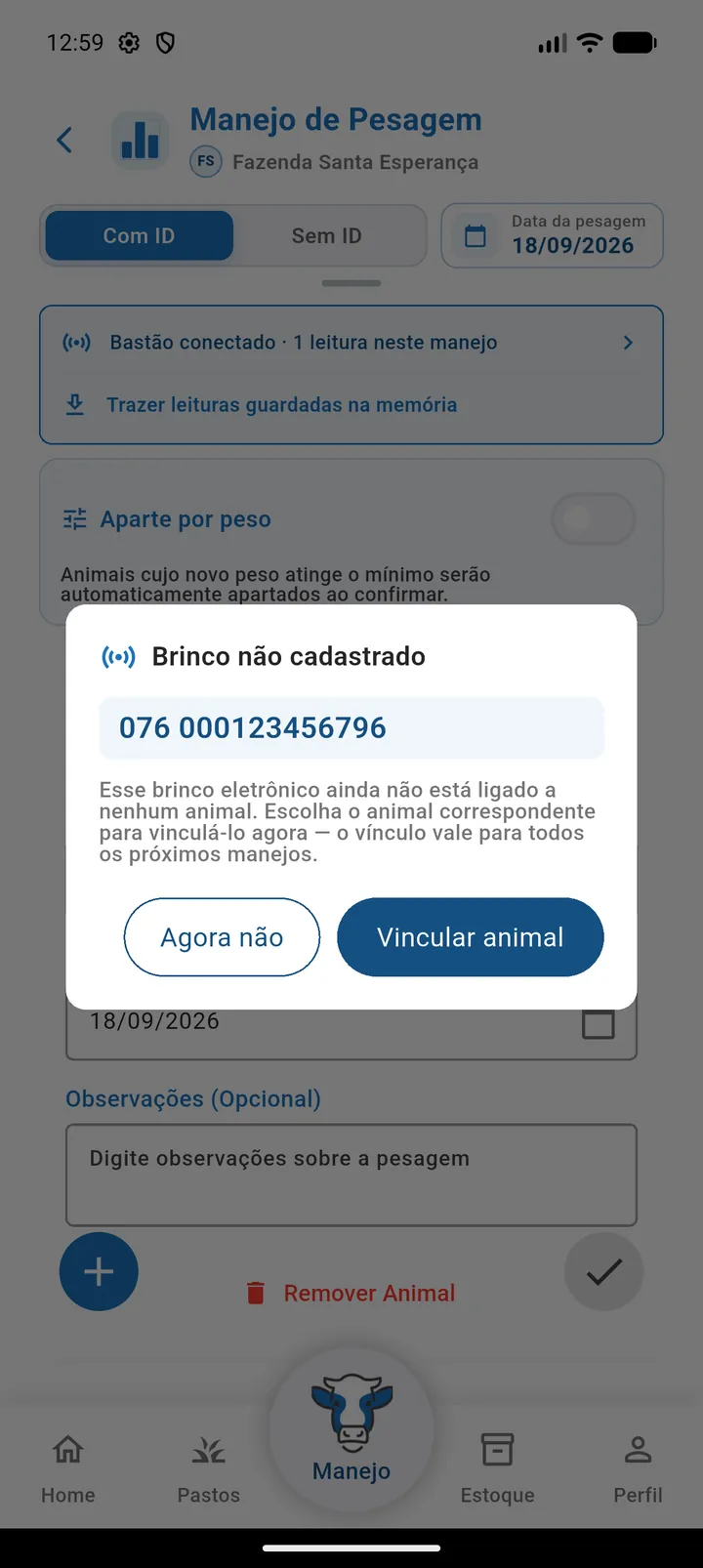 Janela Brinco não cadastrado mostrando o número 076 000123456796 e os botões Agora não e Vincular animal