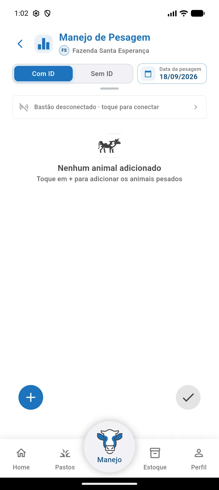 Manejo de pesagem com a faixa Bastão desconectado, toque para conectar