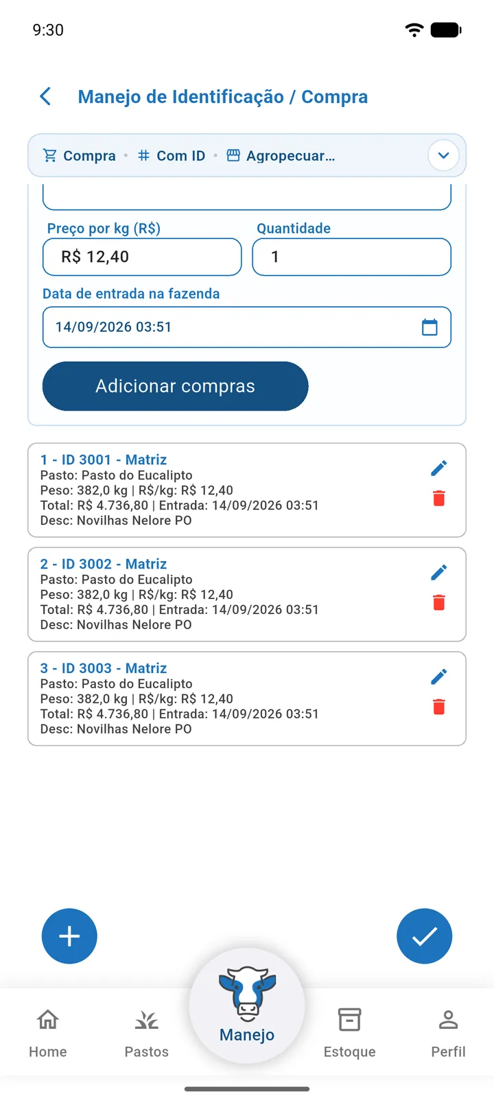 Formulário Adição em massa da compra com ID preenchido e, abaixo, a lista de cartões compactos de animais já adicionados com os botões de editar e remover