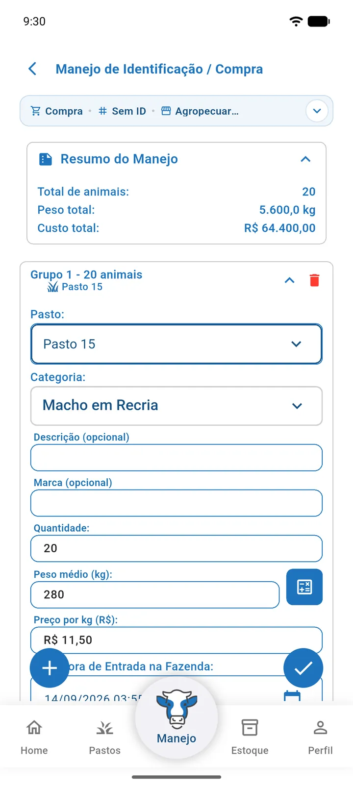 Cartão de compra de lote sem ID com categoria, pasto, quantidade, peso médio, preço por kg, data de entrada e o peso total e custo total calculados
