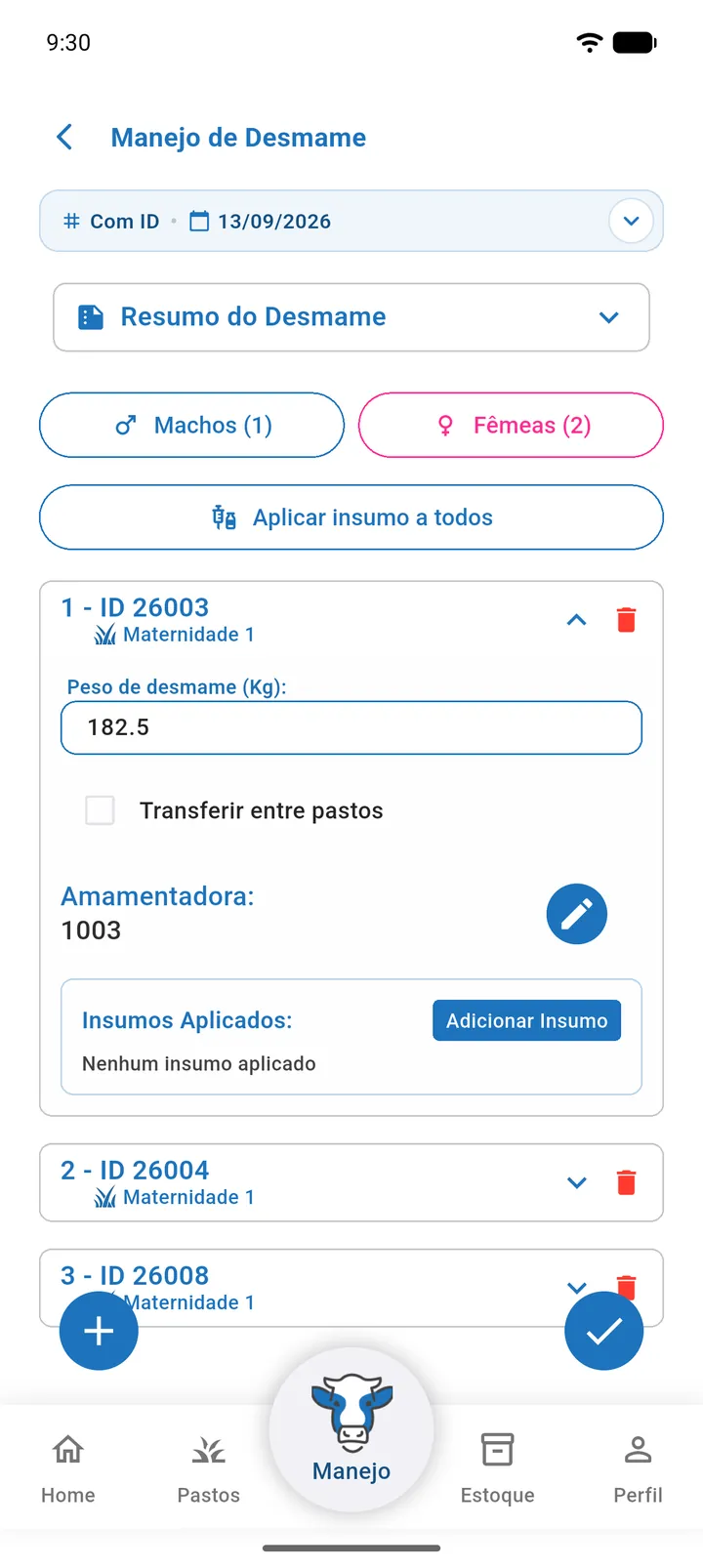 Tela Manejo de Desmame na aba Com ID com bezerros adicionados, peso de desmame, amamentadora e a barra de atalhos Machos, Fêmeas e Aplicar insumo a todos