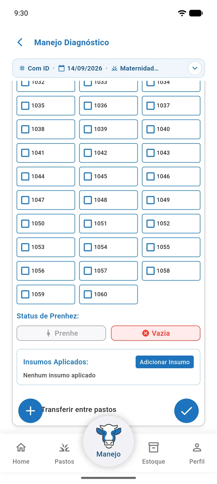 Tela Manejo Diagnóstico na aba Com ID com o pasto escolhido, o campo Buscar matriz e adicionar e os quadros Aguardando resultado, Prenhas e Vazias com matrizes em cada um (parte 2)