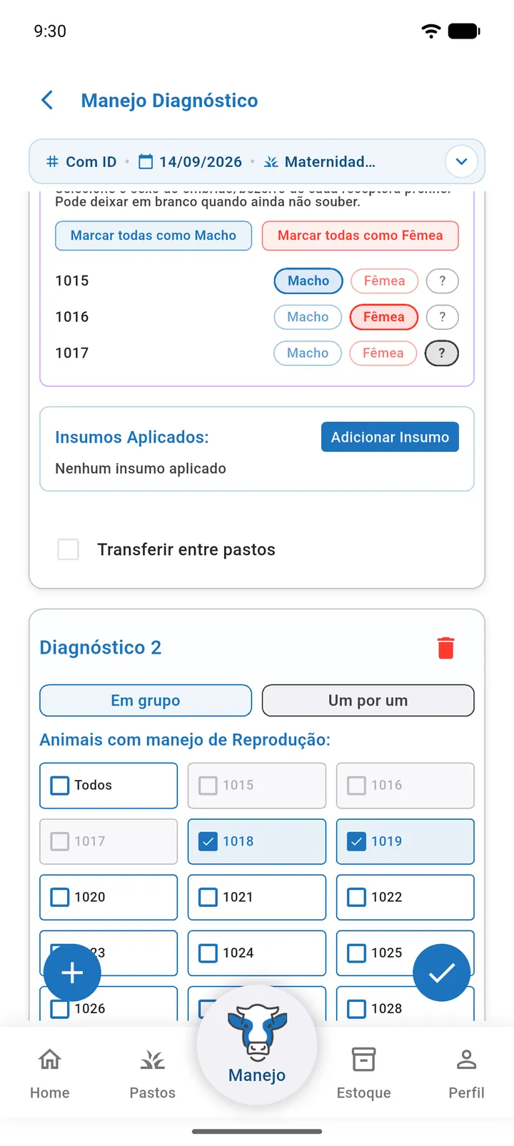 Tela Manejo Diagnóstico na aba Com ID com o pasto escolhido, o campo Buscar matriz e adicionar e os quadros Aguardando resultado, Prenhas e Vazias com matrizes em cada um (parte 1)