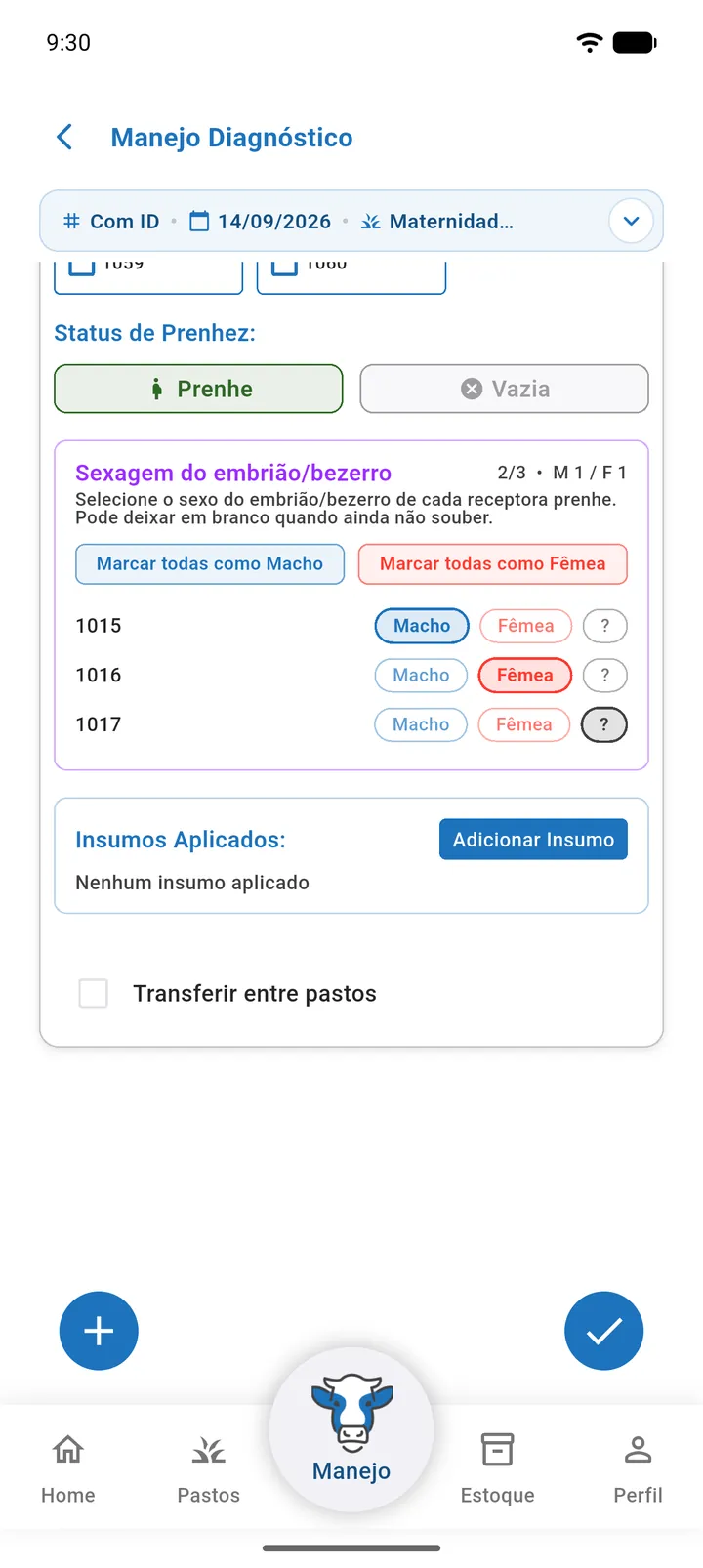 Quadro Prenhas com matrizes marcadas como Macho e Fêmea, o menu ⋮ aberto com Mover para Vazias, Voltar para aguardando e Remover da lista, e abaixo os insumos e a opção Transferir as prenhas de pasto
