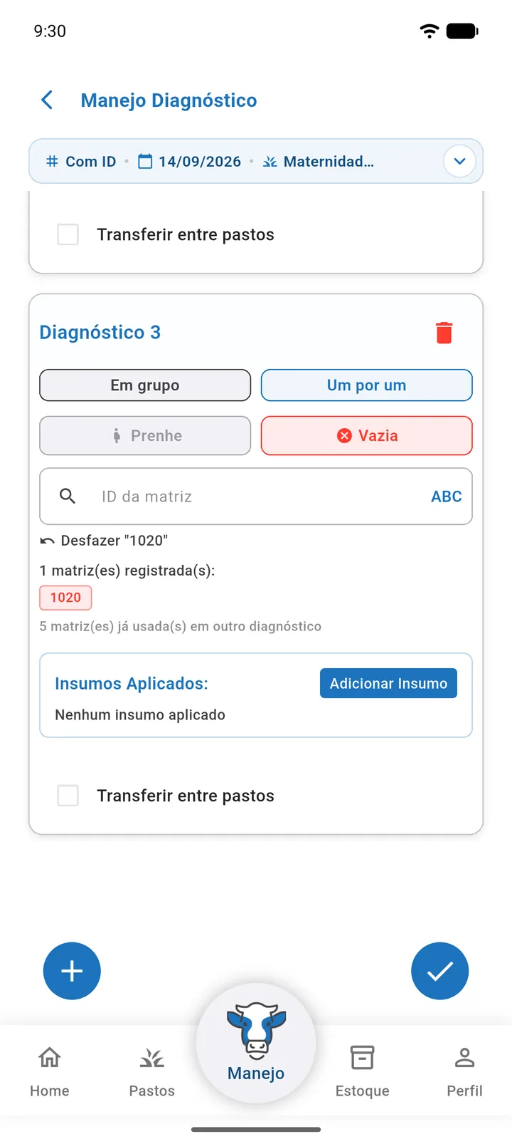 Busca Buscar matriz e adicionar com o número digitado e a lista de sugestões mostrando a identificação e o pasto de cada matriz