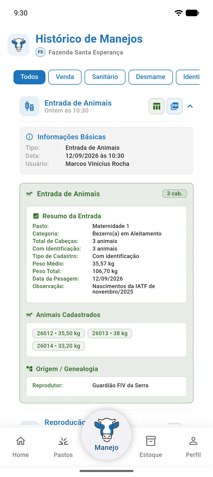 Detalhe Entrada de Animais no histórico com a quantidade de cabeças, pasto, categoria, sexo e os botões PDF e Excel