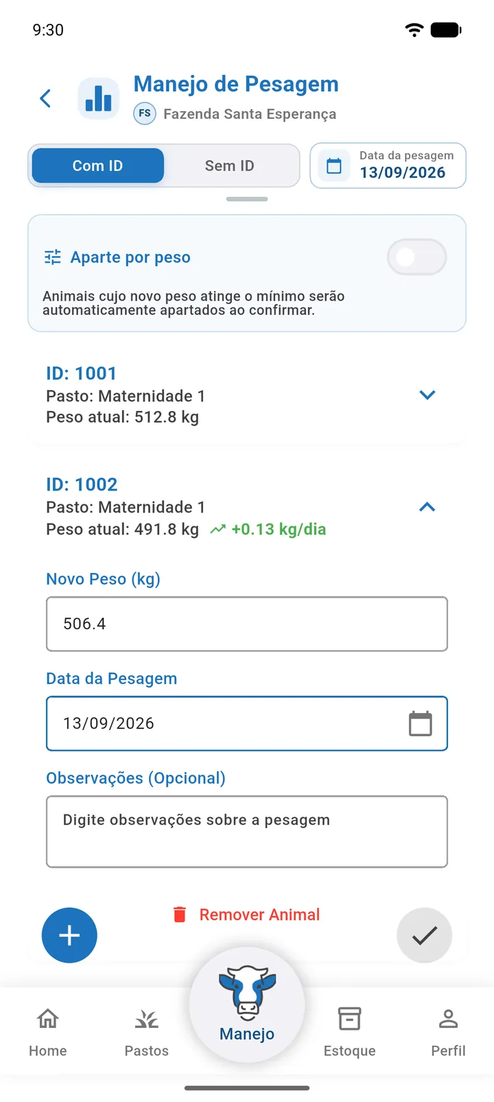Tela de manejo com o topo aberto (Com ID / Sem ID e Data do manejo), cartão de resumo, lista de itens, botão + no canto inferior esquerdo e botão de confirmação no canto inferior direito