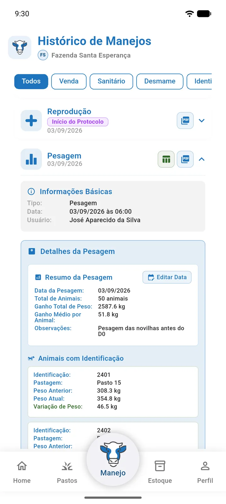 Cartão de manejo de pesagem expandido no histórico com os botões PDF e Excel e o botão Editar Data