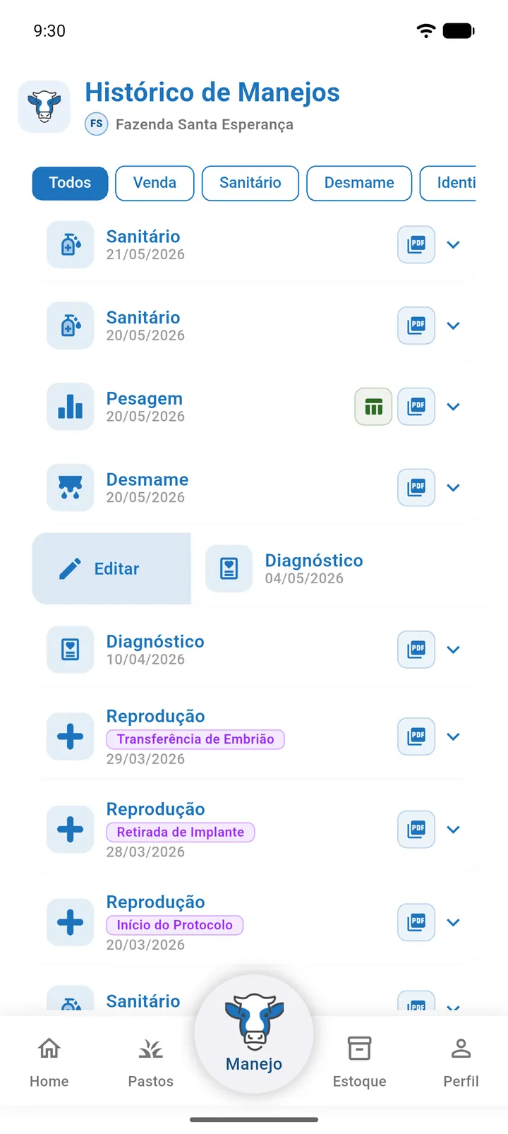 Cartão do histórico arrastado para a direita mostrando a ação Editar