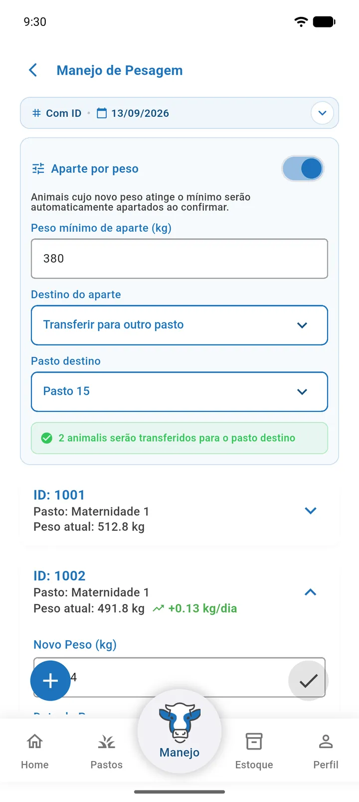 Seção Aparte por peso ligada com peso mínimo 380 kg, destino Transferir para outro pasto, pasto destino escolhido e a contagem de animais que atingem o peso