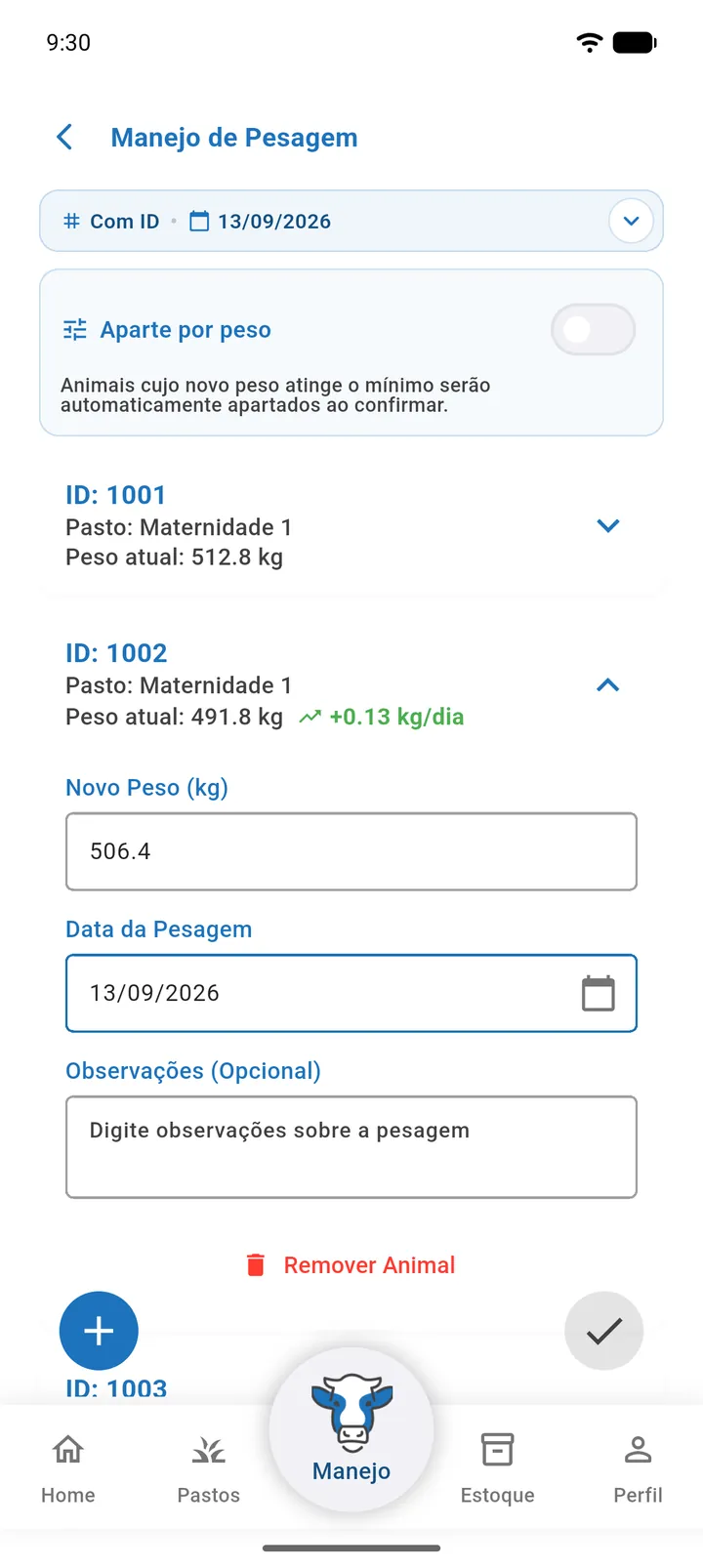 Tela Manejo de Pesagem na aba Com ID com dois animais adicionados, campo Novo Peso preenchido e ganho e GMD do período em cada cartão