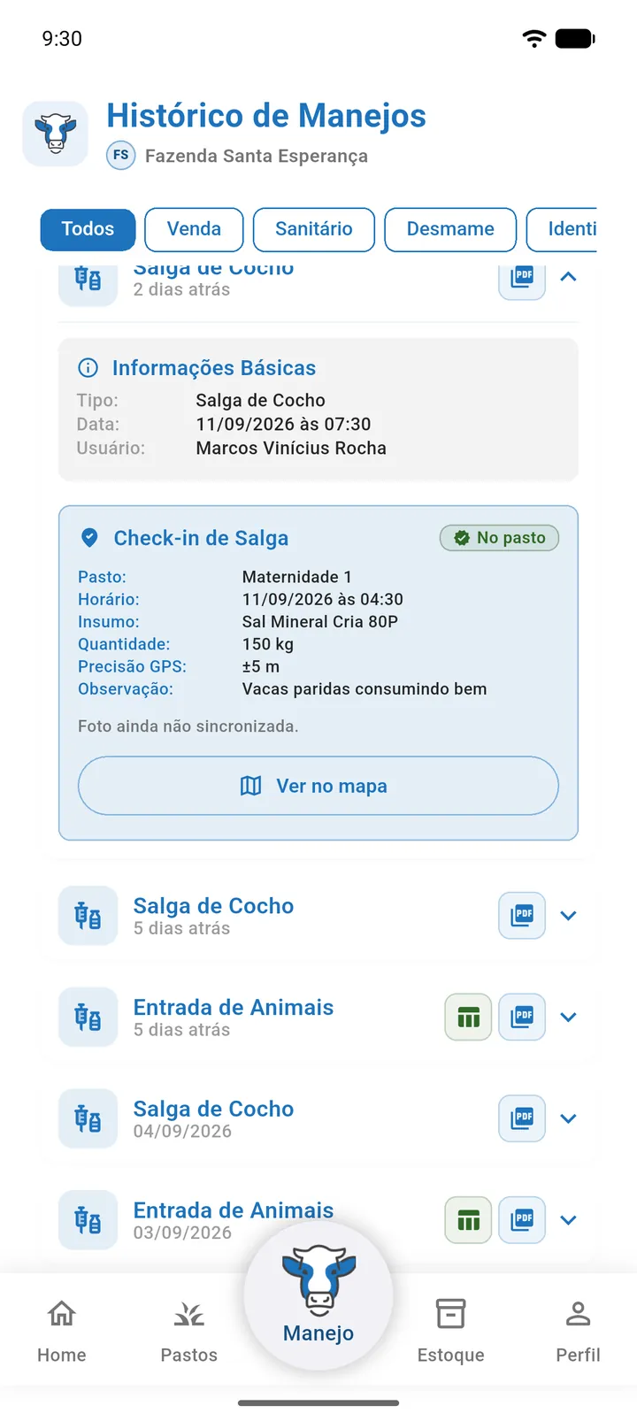 Detalhe Check-in de Salga no histórico com a foto do cocho, o selo de localização e o botão Ver no mapa