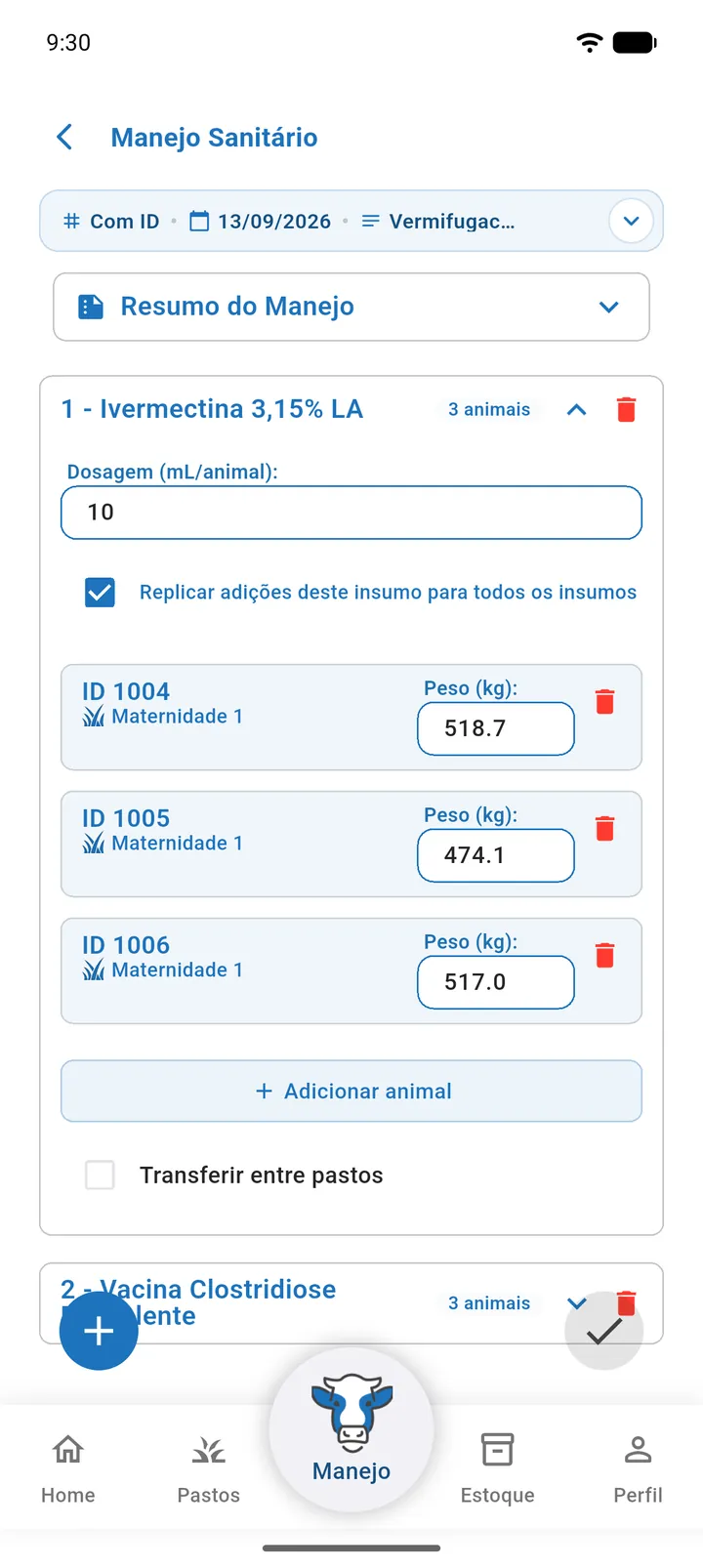 Cartão de insumo no manejo sanitário com a dosagem preenchida, a caixa Replicar adições deste insumo para todos os insumos marcada e três animais com peso
