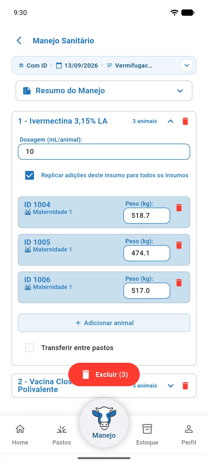 Lista de animais em modo de seleção com três cartões marcados e o botão vermelho Excluir (3)