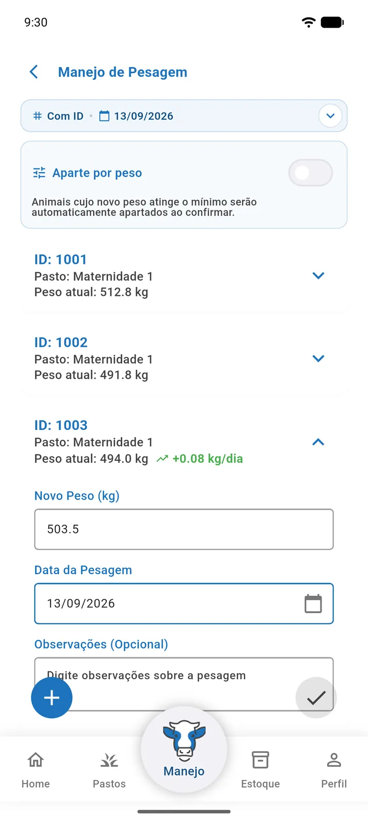 Topo de um manejo recolhido em uma linha de resumo acima da lista de animais