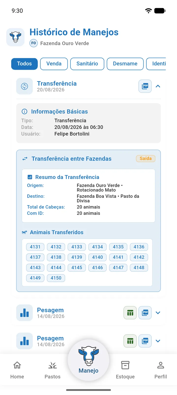 Detalhe Transferência entre Fazendas no histórico com a etiqueta Saída, origem e destino e a lista de animais e lotes