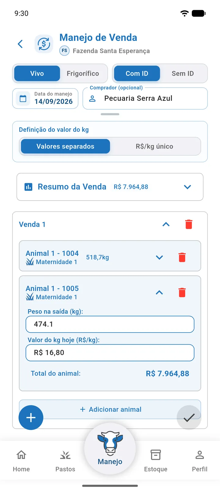 Tela Manejo de Venda com Vivo e Com ID selecionados, o campo Comprador preenchido e uma Venda 1 com dois animais