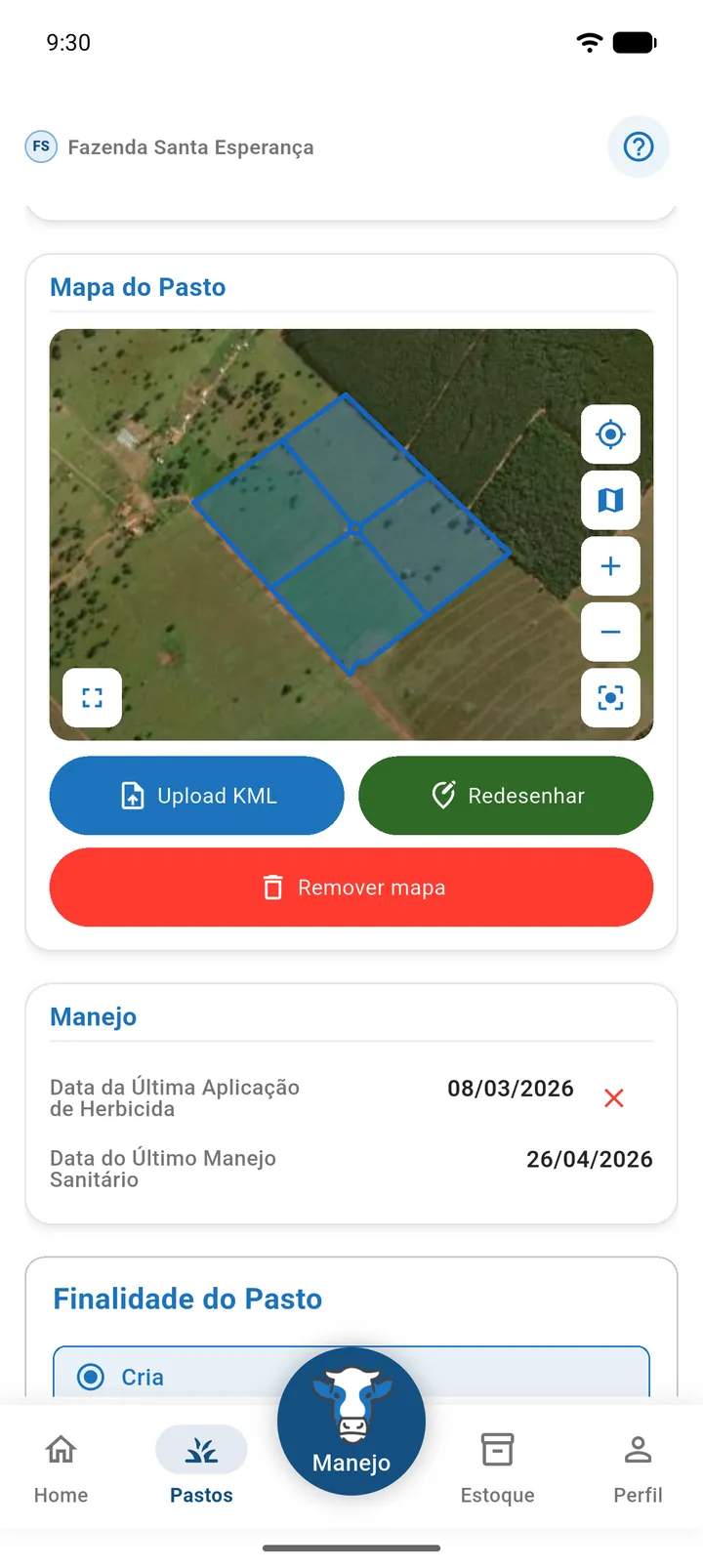 Seção Mapa do Pasto com o contorno do pasto dentro do contorno da fazenda e os botões Upload KML, Redesenhar e Remover mapa