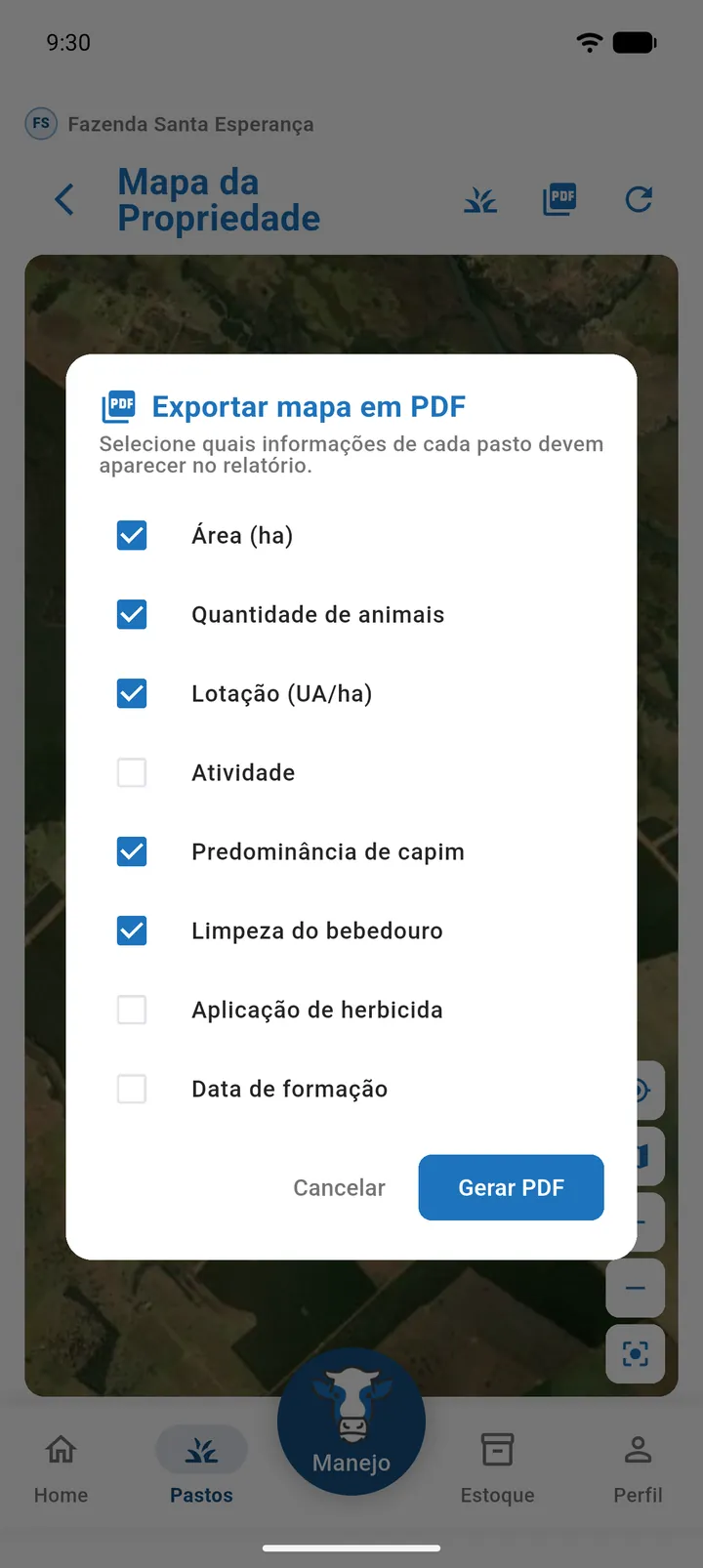 Diálogo Exportar mapa em PDF com a lista de campos, cinco deles marcados, e os botões Cancelar e Gerar PDF