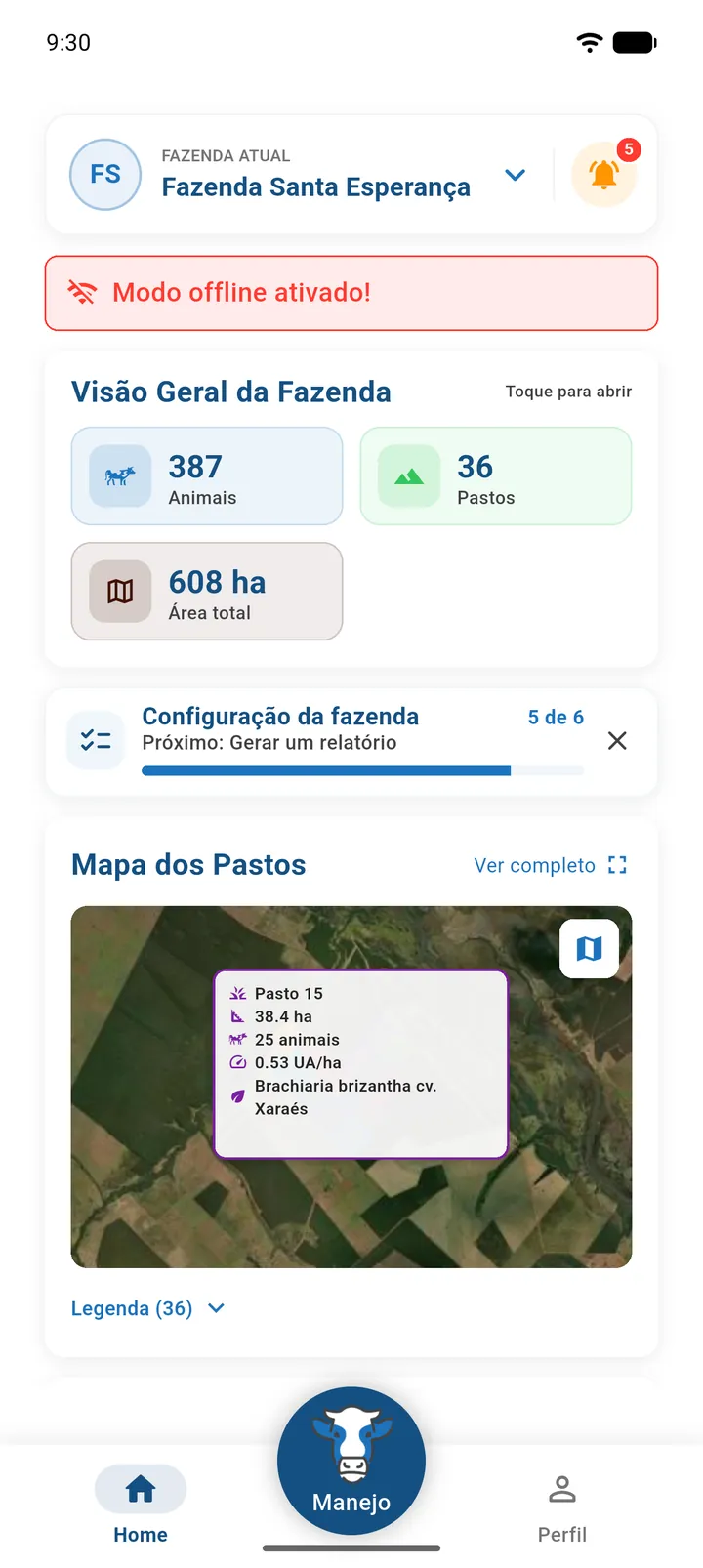 Barra de navegação sem internet, com Home, Pastos, Manejo, Estoque e Perfil, e a faixa laranja Sem conexão no topo da tela