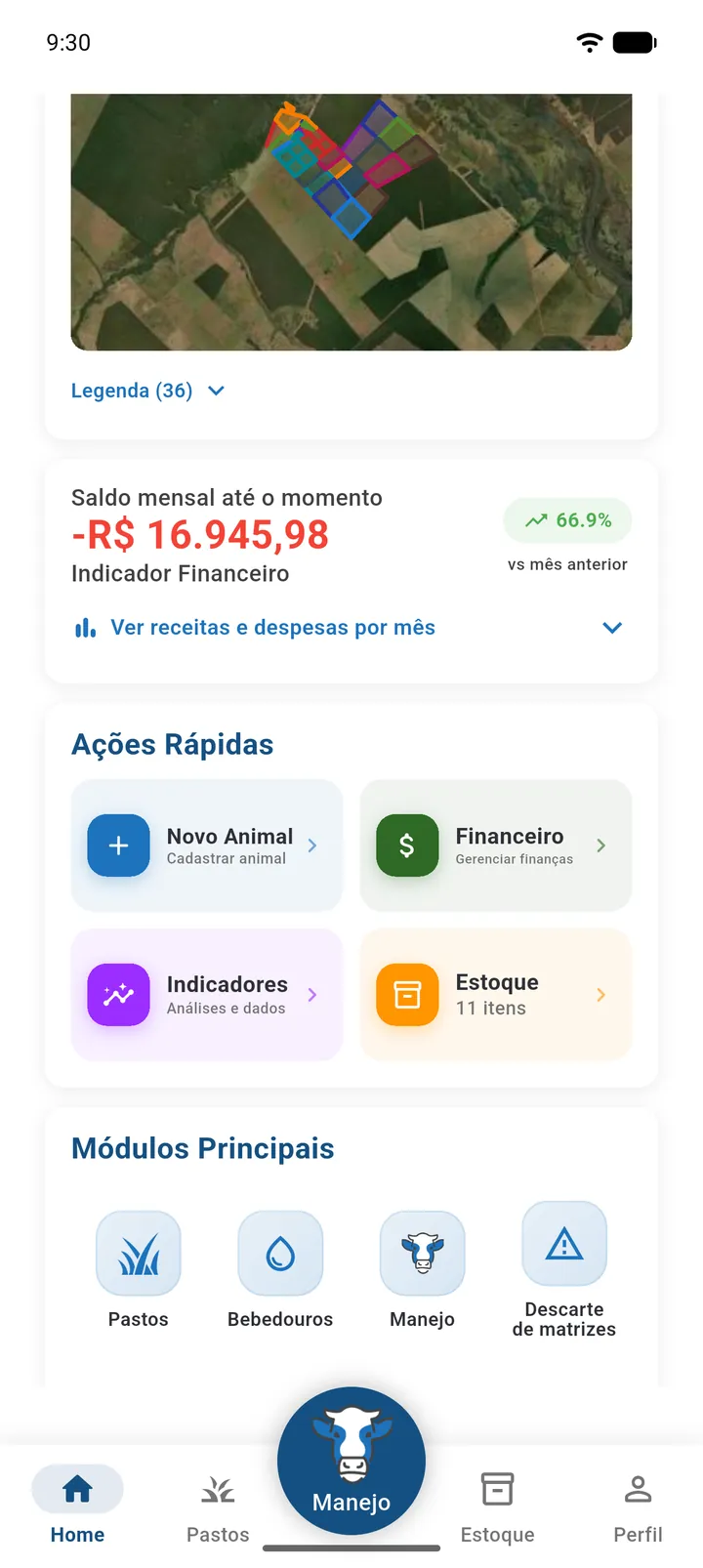 Tela inicial completa, do seletor de fazenda até os Módulos Principais (parte 2)