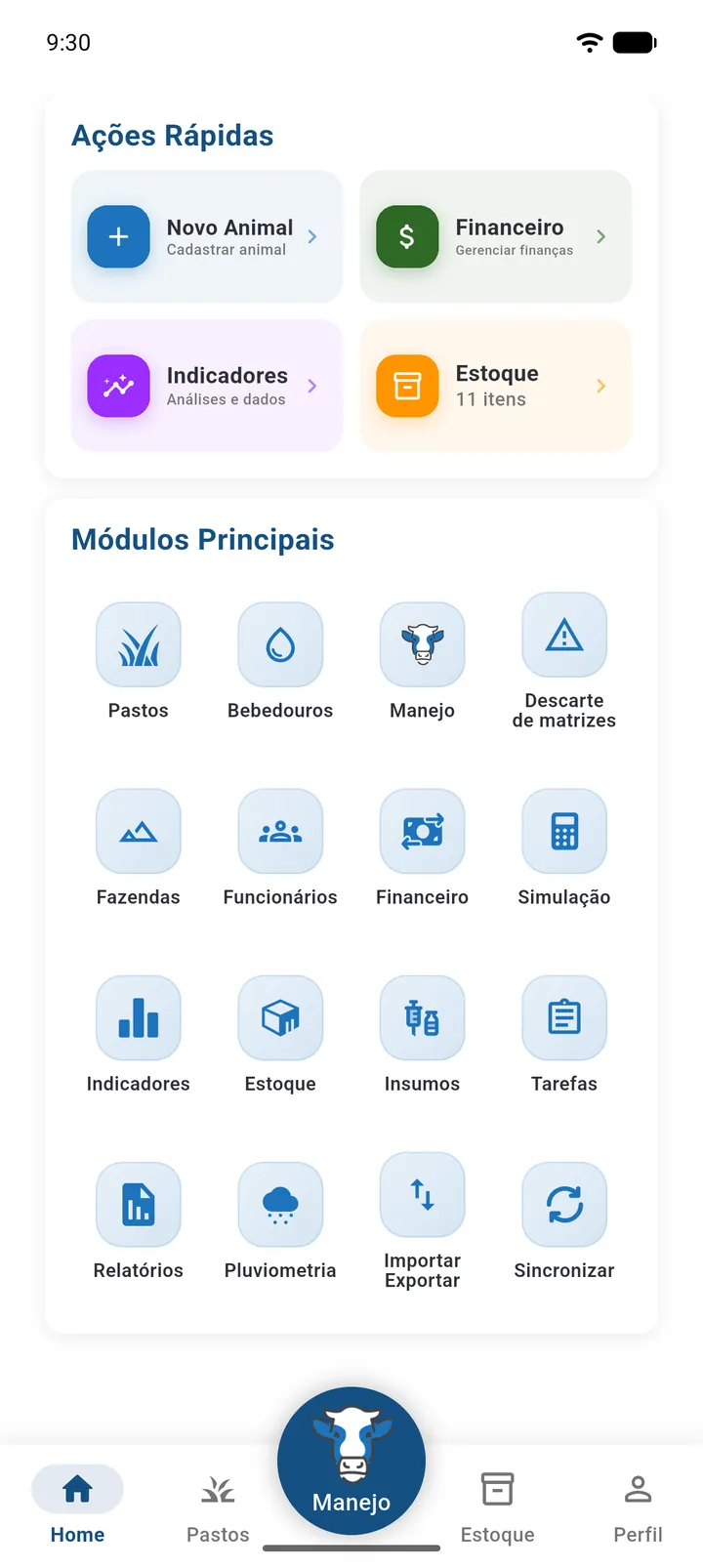 Tela inicial completa, do seletor de fazenda até os Módulos Principais (parte 3)