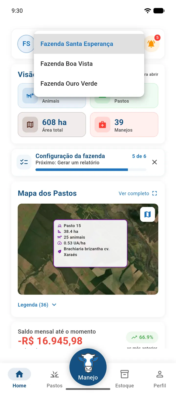 Lista do seletor de fazenda aberta, com a fazenda atual destacada e o nome do dono abaixo de uma fazenda de outro produtor