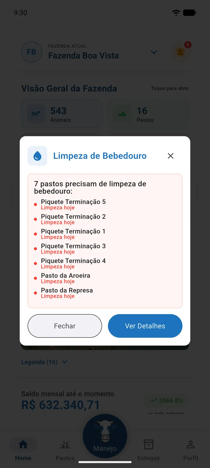 Aviso de limpeza de bebedouro na Home com os botões Fechar e Ver Detalhes