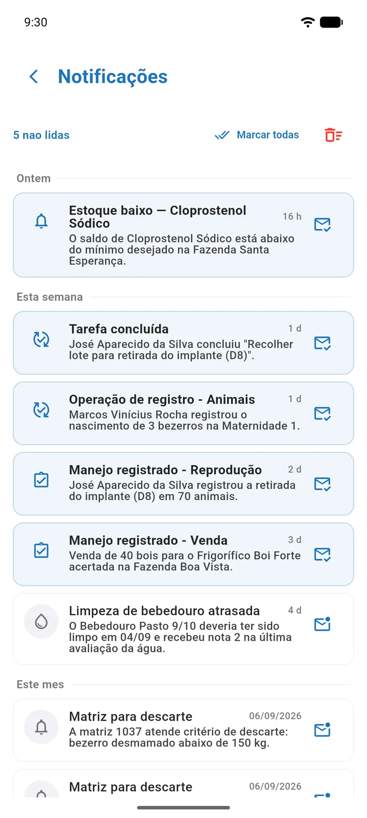 Cabeçalho da tela Notificações com o contador e os botões Marcar todas e Apagar tudo