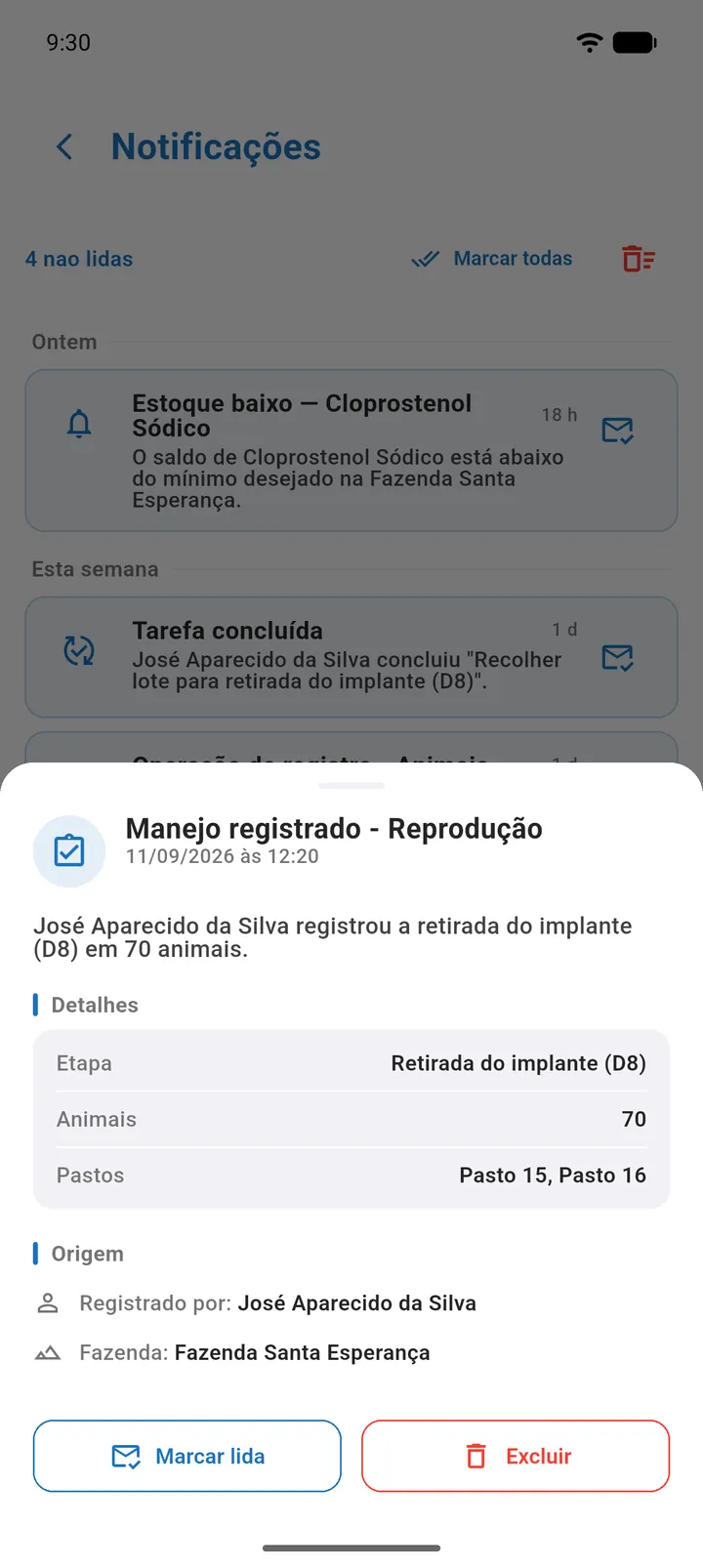 Detalhe de uma notificação de manejo registrado, com as seções Detalhes e Origem