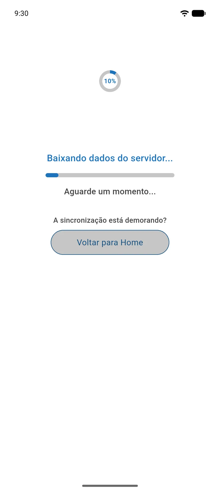 Tela Sincronizar com a barra de progresso e a mensagem Baixando dados do servidor...