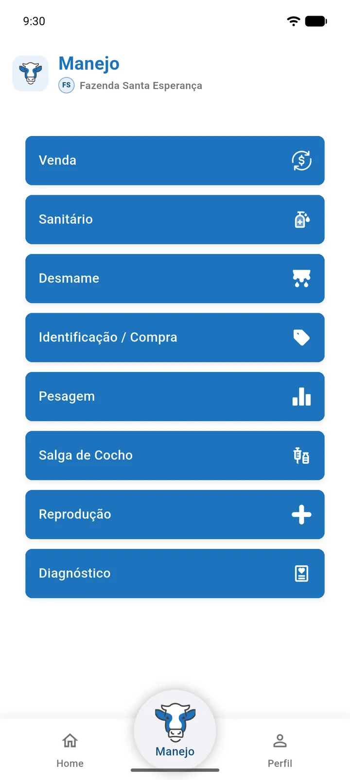 Tela Manejo sem internet, com os tipos de manejo disponíveis