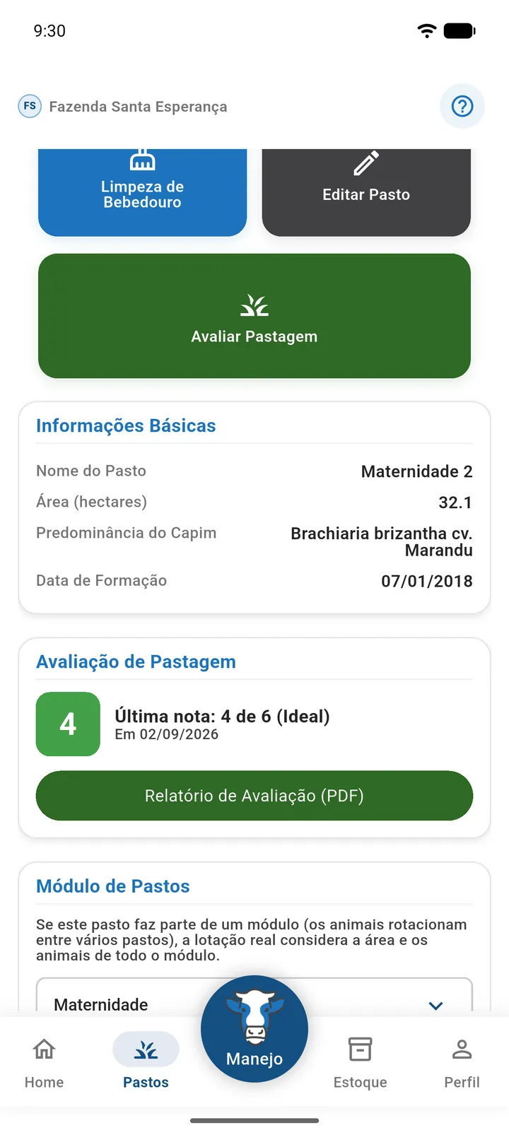 Cartão Avaliação da pastagem com a última nota, a faixa de alerta e as etiquetas do histórico