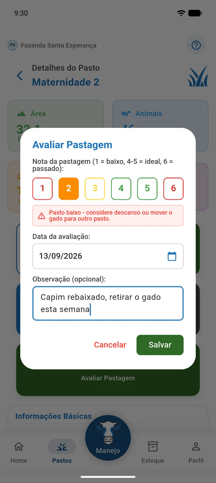 Diálogo Avaliar Pastagem com a nota 2 escolhida, o alerta de pasto baixo, a data e a observação