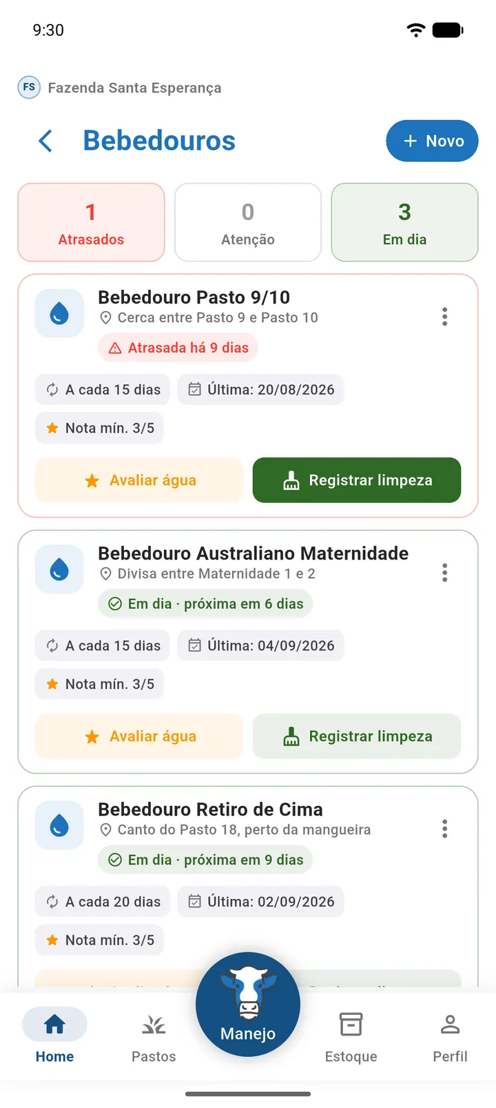 Tela Bebedouros com os contadores Atrasados, Atenção e Em dia e a lista de bebedouros