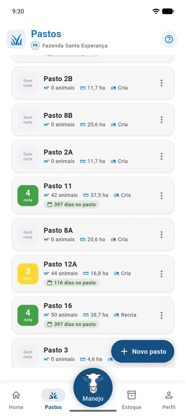 Cartão de um pasto com o selo da nota 4 em verde, nome, número de animais, área, finalidade e o selo "12 dias no pasto"