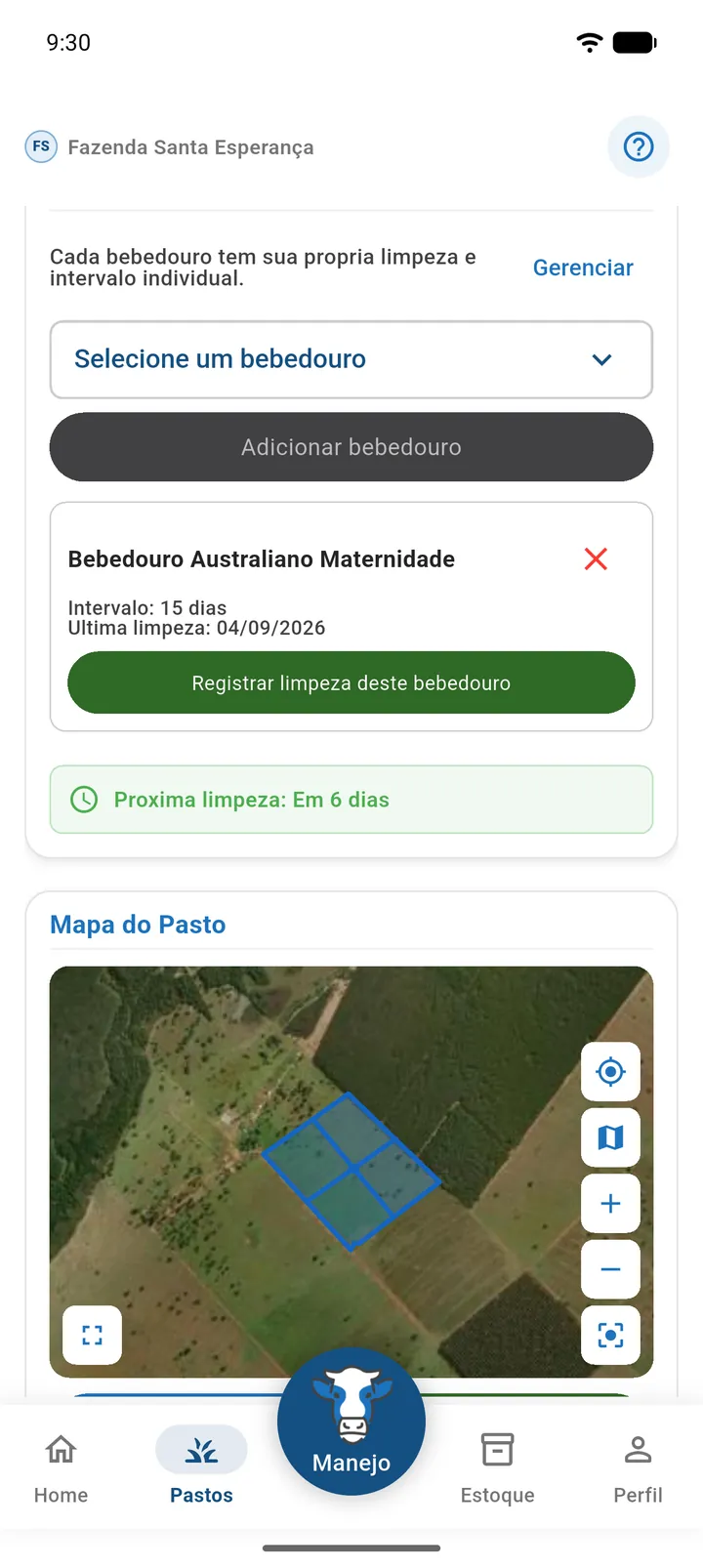 Cartão Bebedouros nos detalhes do pasto com a faixa Próxima limpeza, dois bebedouros vinculados e a lista Vincular bebedouro