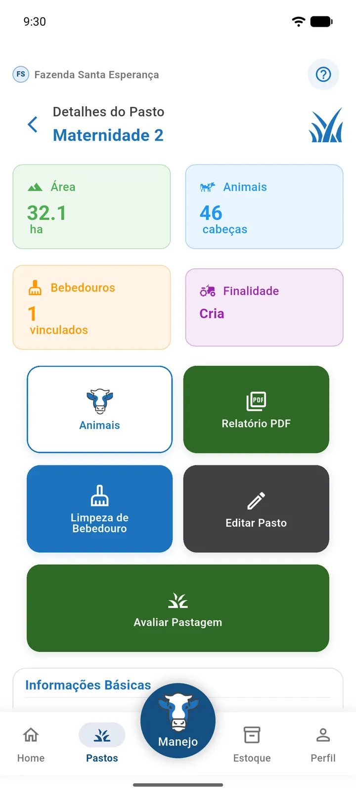 Tela de detalhes do pasto com o cartão de destaque (etiquetas, Área, Animais e Lotação) e as ações rápidas Animais, Avaliar, Limpeza e Relatório