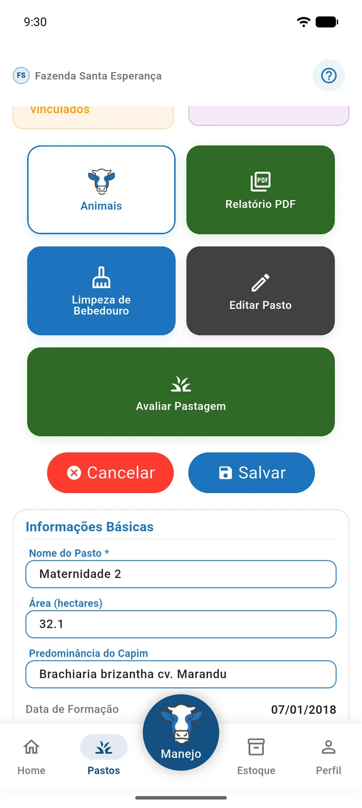 Painel Editar pasto aberto, com os grupos Identificação, Área e forrageira e Finalidade